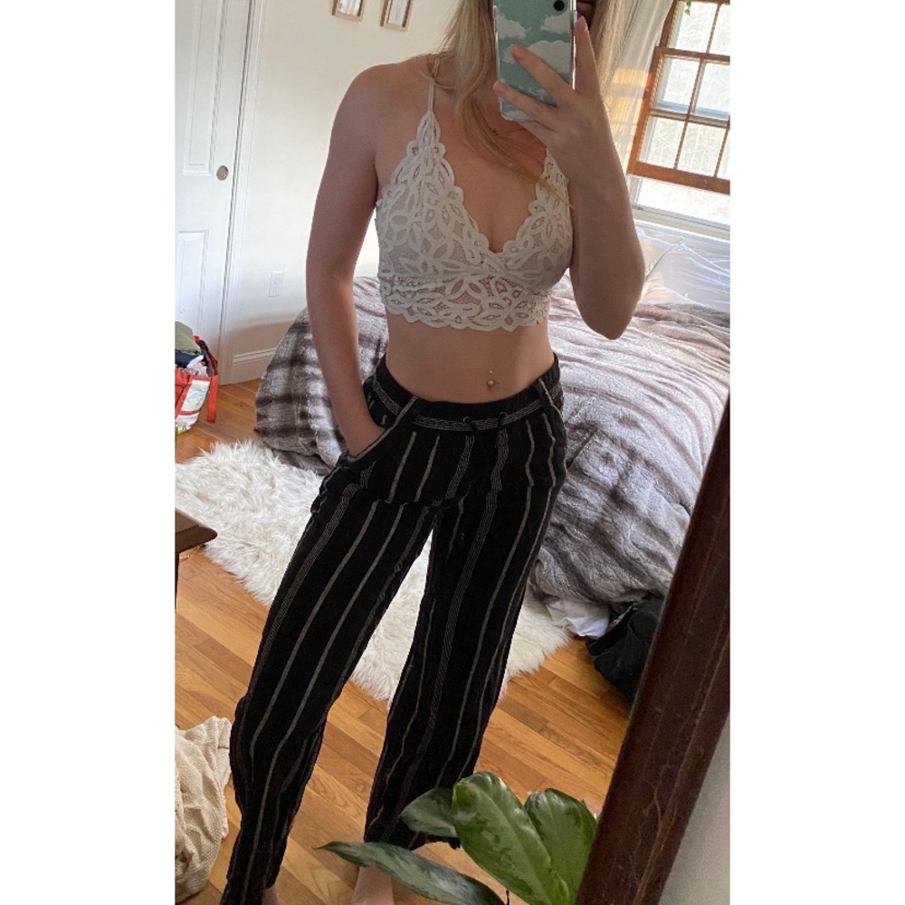 Navy Blue and Grey Striped Wide-Leg Pants